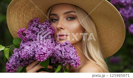 Beautiful Woman in Straw Hat with Lilacs 125985071