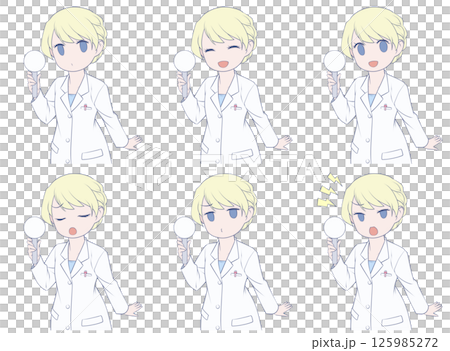 金髮女藥劑師拿著一張空白的標語牌，上面有 6 種面部表情 125985272