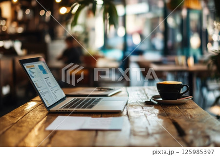 Laptop on wooden table in cozy cafe with coffee during busy afternoon 125985397