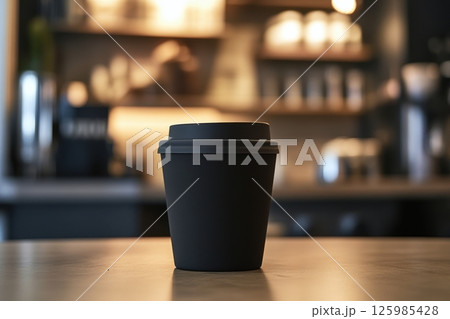 Stylish black coffee cup on a table in a modern cafe during morning hours 125985428