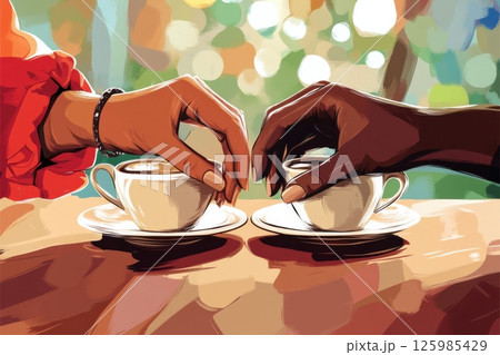 Two hands reaching for coffee cups in a cozy cafe setting during a sunny afternoon 125985429