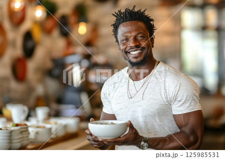 Smiling man holding a bowl in a cozy cafe during a sunny morning 125985531