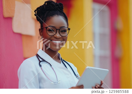 Smiling healthcare professional with tablet in vibrant urban setting, showcasing a blend of modern technology and healthcare Smiling healthcare professional with tablet in vibrant urban setting, showcasing a blend of modern technology and healthcare 125985588