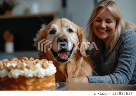 Golden retriever and woman enjoying a birthday celebration with cake in modern home interior 125985617