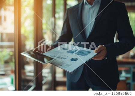 Business professional reviews financial reports while standing in a bright office with greenery 125985666
