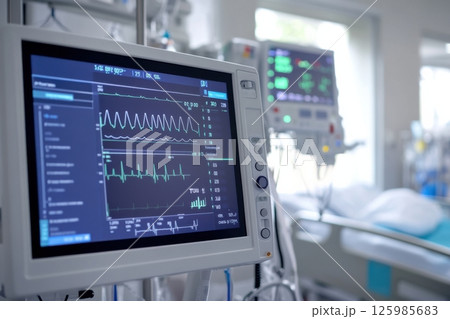 Hospital monitoring equipment showing vital signs in a patient room at a healthcare facility during daylight hours 125985683