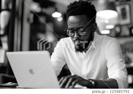 Young man focused on laptop in modern cafe during afternoon work session 125985791