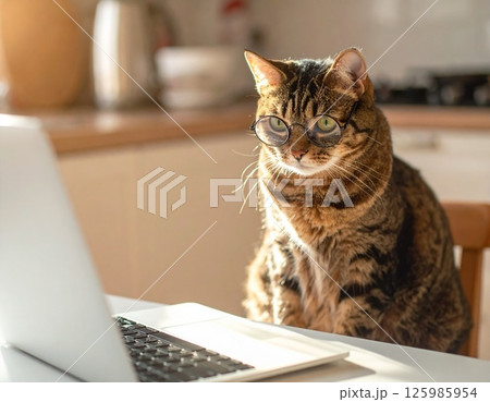 眼鏡をかけた猫とノートパソコン 125985954