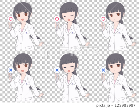 一位黑髮女藥劑師手持格子棒、3 種面部表情和 2 組符號 125985987