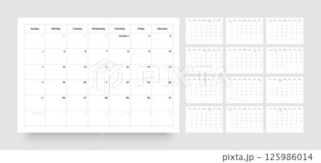 Monthly calendar layout for 2026. Planner diary. 125986014