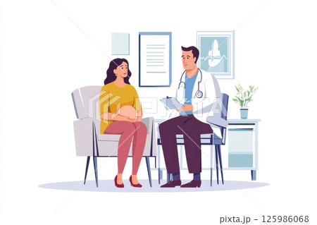 Doctor discusses prenatal care with an expectant mother in a clinic office setting during a check-up 125986068