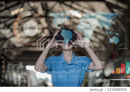 woman, vr and headset with hologram for virtual interaction 125986930