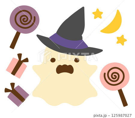 帽子をかぶったハロウィンのかわいいオバケとキャディ 帽子をかぶったハロウィンのかわいいオバケとキャディ 125987027