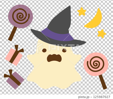 帽子をかぶったハロウィンのかわいいオバケとキャディ 帽子をかぶったハロウィンのかわいいオバケとキャディ 125987027