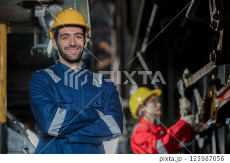 Engineer checking construction process railway and checking work on railroad station Engineer checking construction process railway and checking work on railroad station 125987056