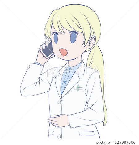 スマホで電話をかける金髪の女性薬剤師・笑顔 125987306