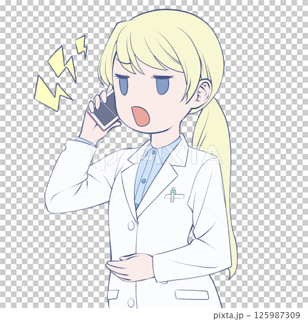 Blonde female pharmacist making a phone call on her smartphone, angry Blonde female pharmacist making a phone call on her smartphone, angry 125987309