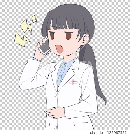 A black-haired female pharmacist making a phone call on her smartphone, getting angry 125987321