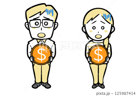 困った顔で外貨のコインを持つ、普段着の若い夫婦 125987414