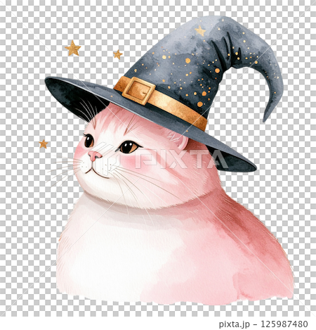A charming watercolor illustration featuring a soft brown tabby cat wearing a whimsical pointed hat, surrounded by fall leaves, flowers, and a pumpkin. Ideal for seasonal DIY projects, greeting cards, 125987480