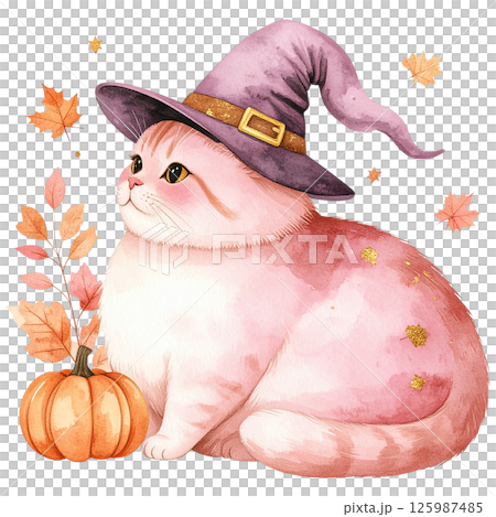 A charming watercolor illustration featuring a soft brown tabby cat wearing a whimsical pointed hat, surrounded by fall leaves, flowers, and a pumpkin. Ideal for seasonal DIY projects, greeting cards, 125987485
