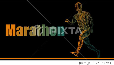 Composition of a man running a marathon sideways from wavy neon lines along the contour of different colors on a black background. Vector illustration. Composition of a man running a marathon sideways from wavy neon lines along the contour of different colors on a black background. Vector illustration. 125987664
