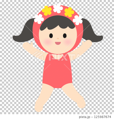Character in a floral swim cap and swimsuit 125987674
