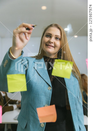 Business people holding pen and put sticky notes on glass wall in office Business people holding pen and put sticky notes on glass wall in office 125987974