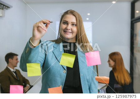 Business people holding pen and put sticky notes on glass wall in office 125987975