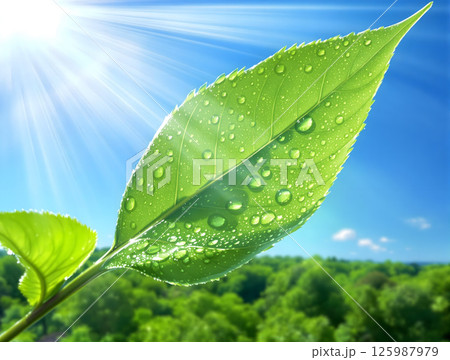 太陽光の当たる水滴のついた緑の葉 125987979