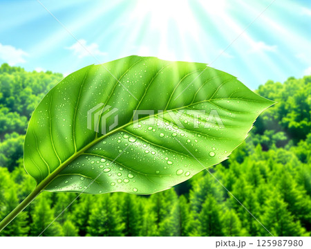 太陽光の当たる水滴のついた緑の葉 太陽光の当たる水滴のついた緑の葉 125987980