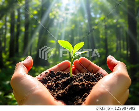 森の中で両手で土と共にすくいあげた木漏れ日の当たる緑の新芽のアップ 125987992