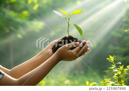 森の前で土と共に両手ですくいあげた緑の幼木 125987998