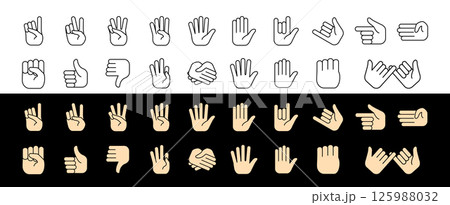 Hand Gesture line and colored Icon Set, Friendly Icon Set of Hand Gestures for Creative Projects, Apps, and Social Media Designs, hand showing one, two, three, four, five, stop, like and more 125988032