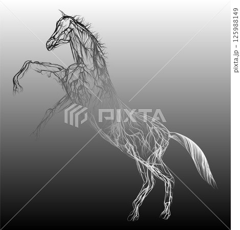 Composition of a horse standing in profile with wavy lines along the outline in black on a white background. Vector illustration. 125988149