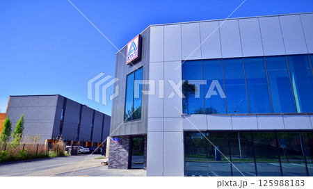 Warsaw, Poland. 1 May 2025. Logo and building of an Aldi market aut new store. Aldi is a supermarket that has stores in many countries around the world. 125988183