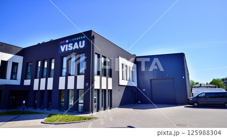 Warsaw, Poland. 1 May 2025. Logo and building Visau Multimedia. Technical event support. Company that provides event services. 125988304