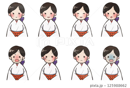 イラスト素材：巫女さん上半身手描き風セット 125988662