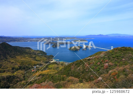 【愛媛県】桜咲く春の亀老山展望台から眺めた来島海峡大橋(しまなみ海道) 【愛媛県】桜咲く春の亀老山展望台から眺めた来島海峡大橋(しまなみ海道) 125988672
