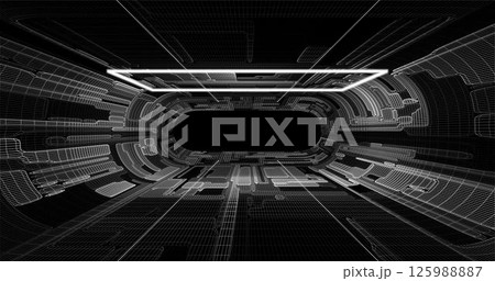 Futuristic low poly sci-fi laboratory or spaceship corridor with neon light. Vector illustration 125988887