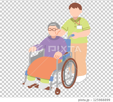 一位男性護理人員推著一位老人坐著的輪椅的插圖 125988899