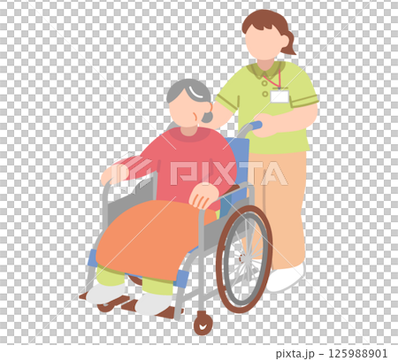 Illustration of a female caregiver pushing a wheelchair in which a senior woman sits 125988901
