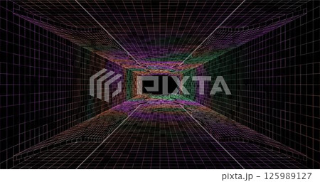 Wire low poly frame of a futuristic corridor or tunnel, consisting of lines and polygons in neon color on a black background. vector illustration. Wire low poly frame of a futuristic corridor or tunnel, consisting of lines and polygons in neon color on a black background. vector illustration. 125989127