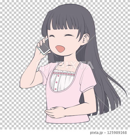 A young woman with black hair making a phone call on her smartphone, smiling 125989168