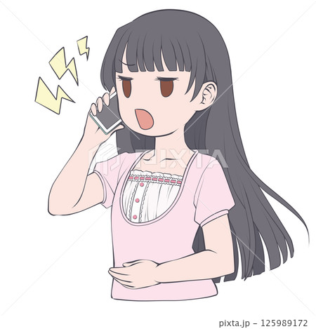 スマホで電話をかける黒髪の若い女性・怒り 125989172