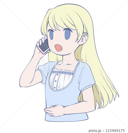 スマホで電話をかける金髪の若い女性・笑顔 125989175