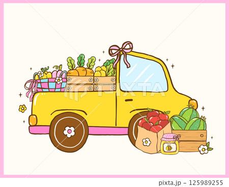 Cute Girly Farmer Market Truck Car Contains Fresh Fruit, Veggies Produce Doodle Hand Drawn 125989255