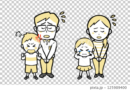 わがままを言って騒ぐ子供と、謝罪する夫婦 125989400