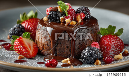 Rich chocolate brownie topped with glossy chocolate sauce, fresh berries, and nuts on dessert plate 125989416