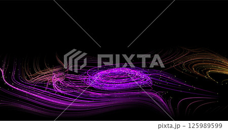 Abstract winding lines of different colors on a black background. Vector illustration in concept technology, science, music, modernity. 125989599